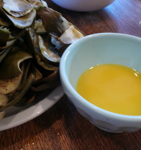 Artichoke leaves with lemon butter sauce